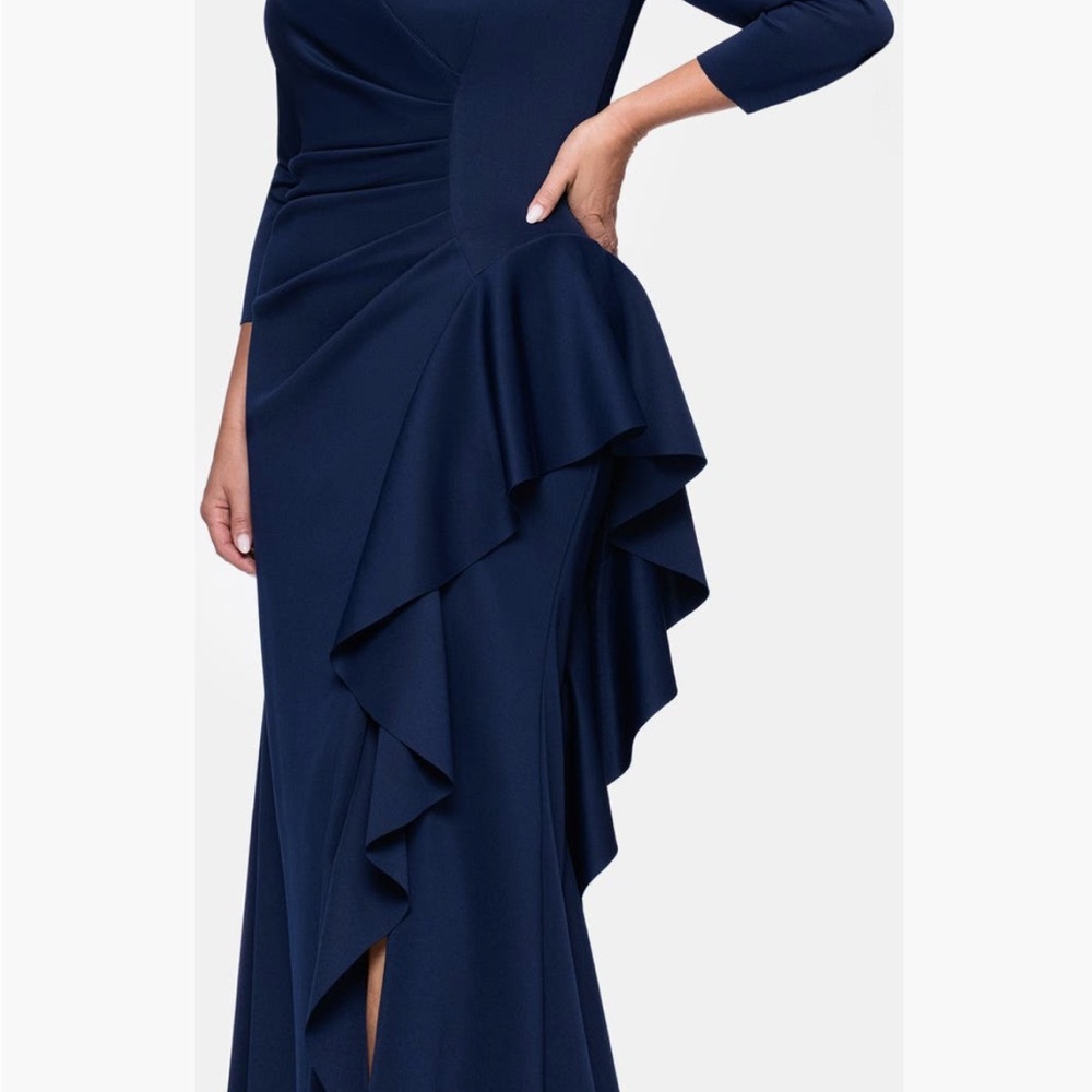 Xscape Navy Blue Long Sleeve Ruffle Evening Gown - Picture 6 of 9